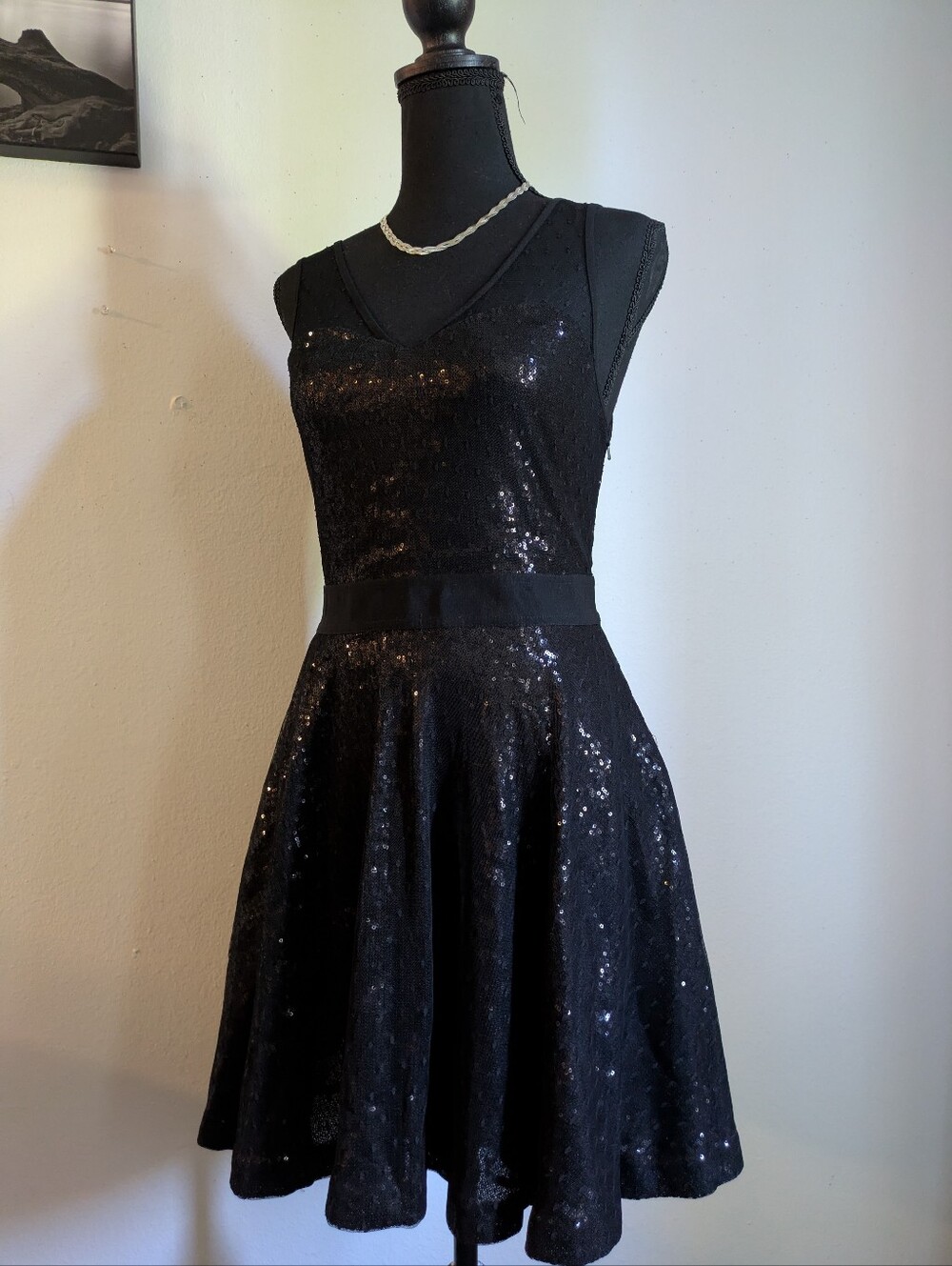 EXPRESS Black Sequin Party Dress - Size S - Mesh Detail & Flared Skirt